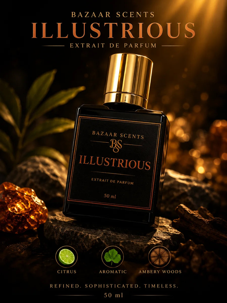 Bazaar Scents Illustrious Extrait de Parfum campaign poster: Refined. Sophisticated. Timeless.