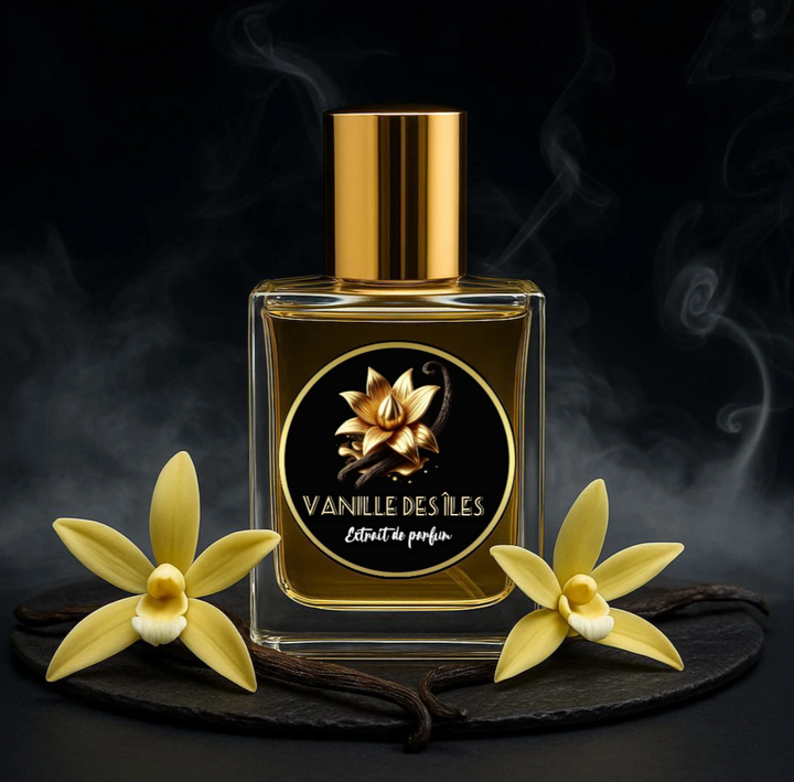 Ô Médina Vanille des Îles Parfum 30 mL bottle with vanilla flowers