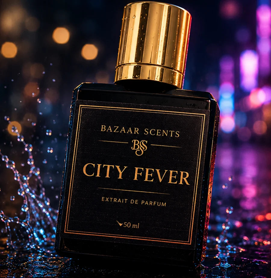 Bazaar Scents City Fever Extrait de Parfum bottle on a rain-soaked neon city street