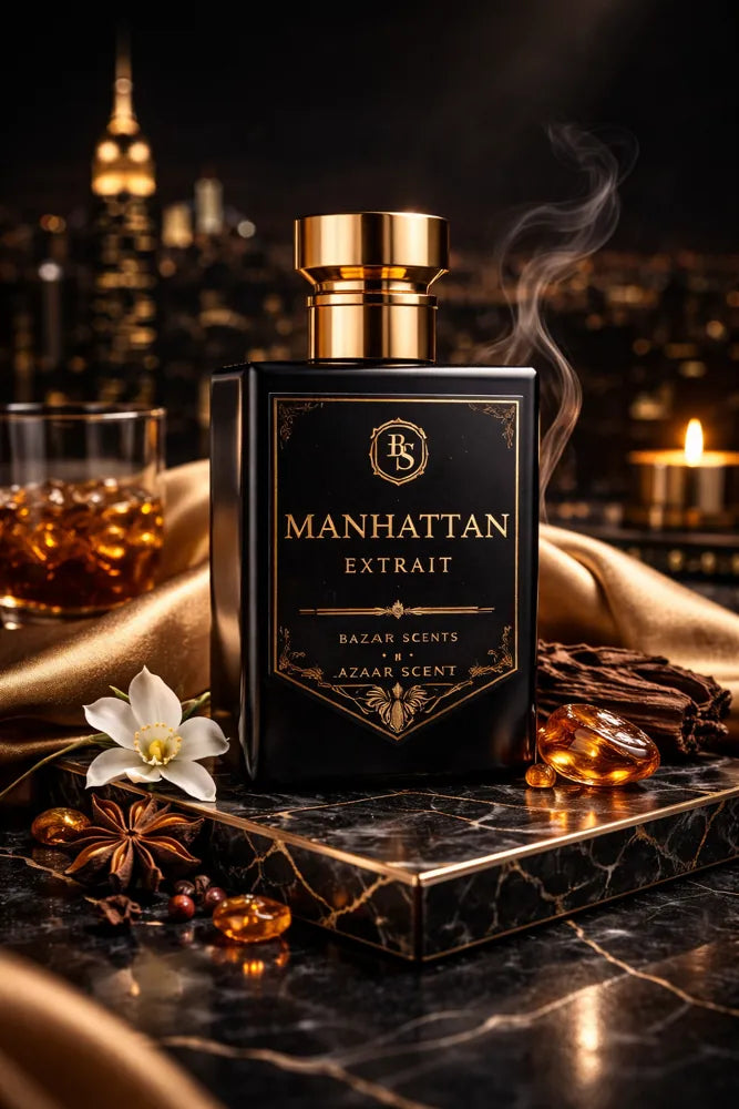 Bazaar Scents Manhattan Extrait de Parfum bottle against a golden New York skyline at night